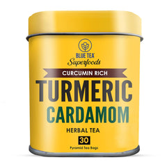 Blue Tea Curcumin Rich Turmeric Cardamom Herbal Tea - 30 Pyramid Tea Bags In Reusable Tin Pack | Enhances Immune System - Caffeine Free, Gluten Free, Non-GMO