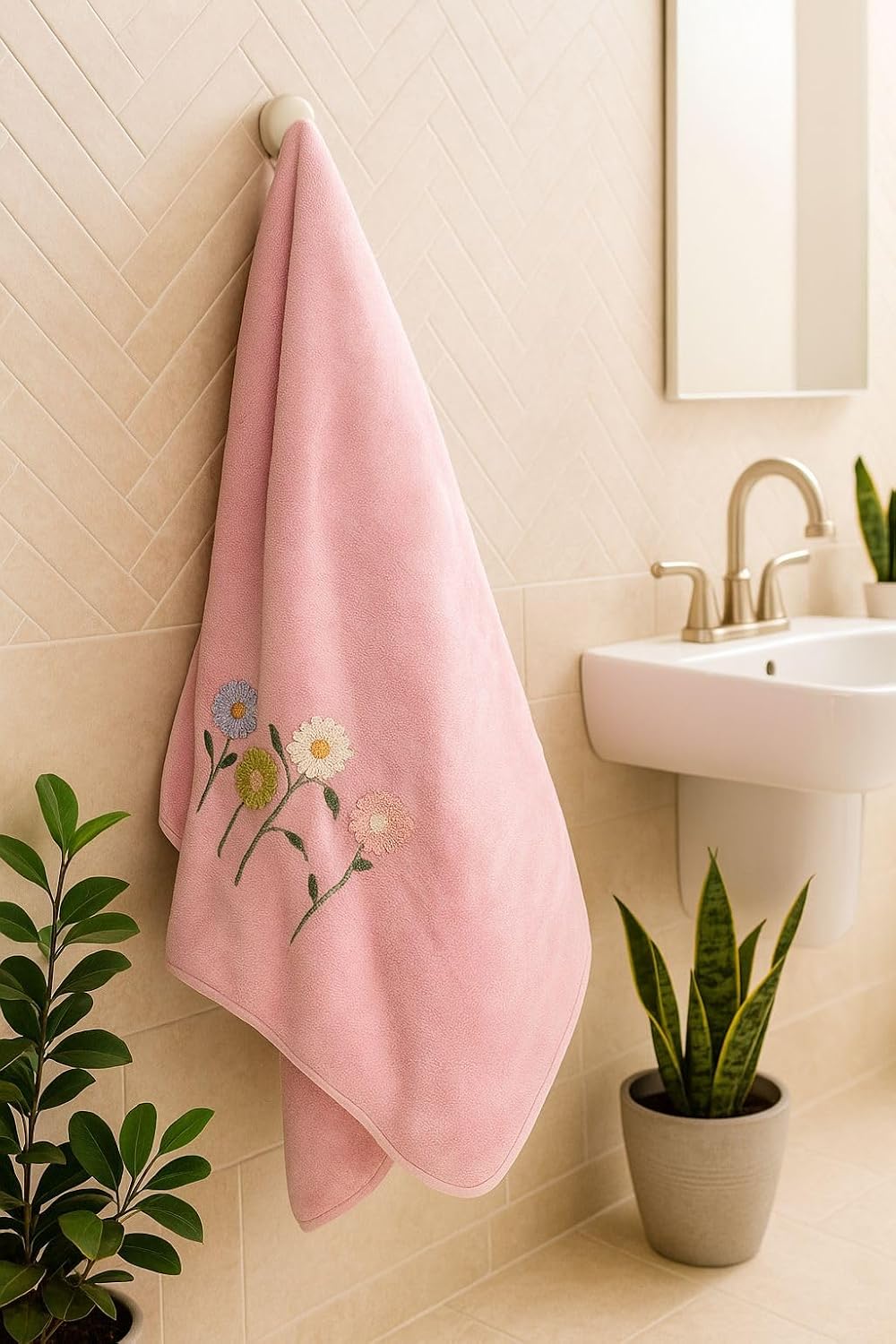 Divyam Floral Embroidered Bath Towel 350 Gsm | Premium Soft Microfiber Quick-Dry, Lightweight & Absorbent Towel With Pastel Daisy Design (Rose-Pink)