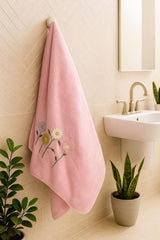 Divyam Floral Embroidered Bath Towel 350 Gsm | Premium Soft Microfiber Quick-Dry, Lightweight & Absorbent Towel With Pastel Daisy Design (Rose-Pink)