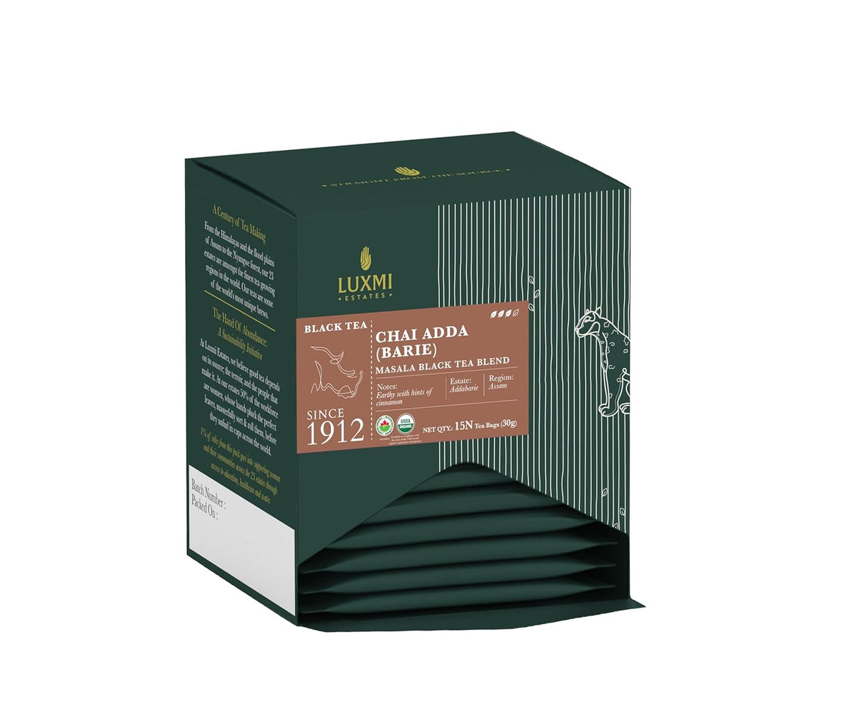 Luxmi Estates Chai Adda Barie Black Tea - 30gm, 1.05 Ounce, 15 Tea Bags | USDA Certified Organic Masala Black Tea Blend - Indian Spice Chai Enriched With Cinnamon & Cardamom