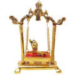 Laddu Gopal Ji On Jhula Metal Statue, Golden Krishna Murti, Religious, Occasion, Perfect Gift For Janmashatmi, Handicrafts, Ideal For Gift & Home Décor