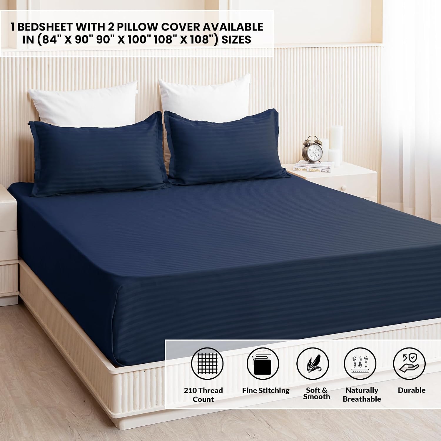 Premium Soft Cotton Bedsheets With 2 Piece Pillow Cover, Double Bed - 90 X 100 Inches, Dark Blue | Wrinkle-Free & Skin-Friendly