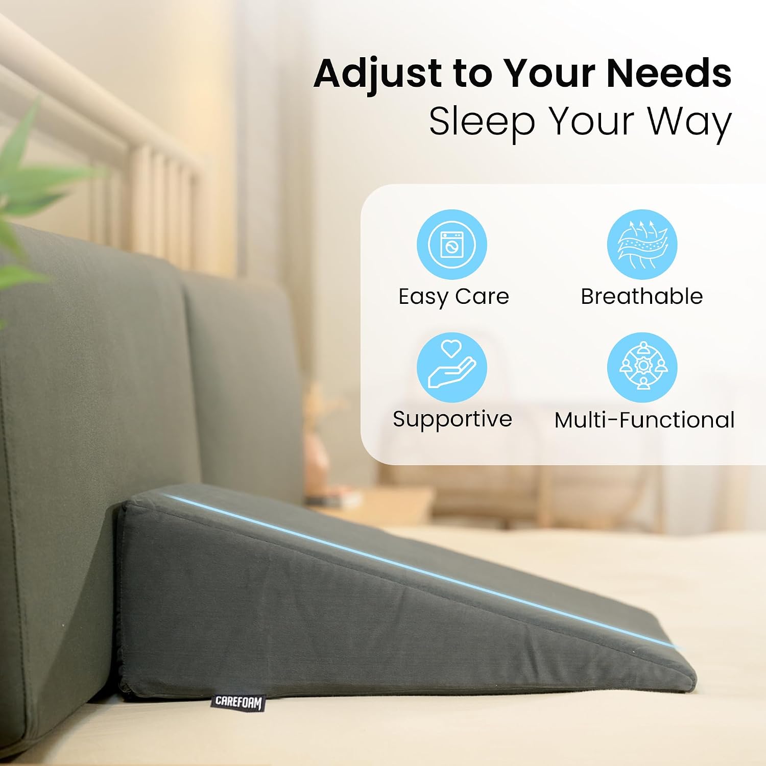 Wedge Pillow Memory Foam For Back Support, Grey, Wedge Medium Size - 20 X 20 X 7 Inch | Wedge Cushion Pillow, Acid Reflux, Snoring, Gerd, Leg Elevation, Pregnancy, Washable Cover