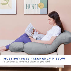 J Shape Pillow, Maternity Pillow For Pregnant Women, Full Body Support, Grey Color | Pregnancy Pillows For Pregnancy Sleeping, Velvet Cover, Adjustable, Removable Cover, Breathable