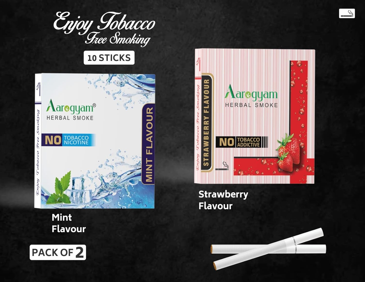 Aarogyam Herbals Pack Of 2 Flavours 100% Tobacco & Nicotine Free Cigarette For Relieve Stress & Mood Enhance Product Mint, Strawberry - 10 Sticks X 2 Packets