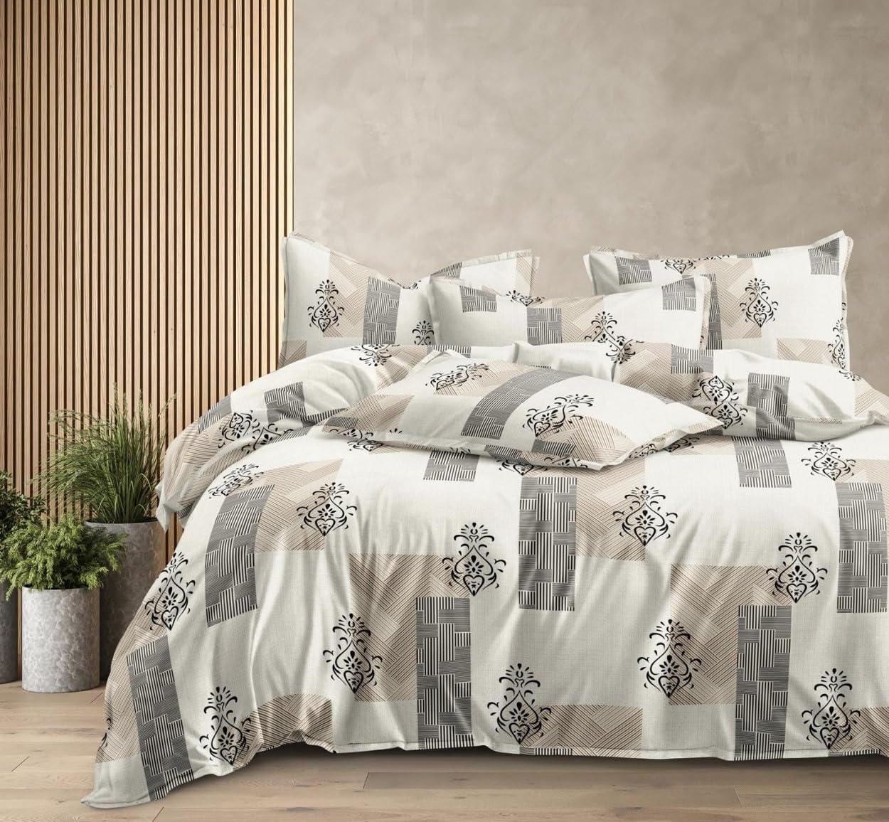 1 Bedsheet For Double Bed With 2 Pillow Covers - 90 X 100 Inches, Beige | Premium Cotton Material Double Bedsheet Queen Size | Skin Friendly & Long Lasting