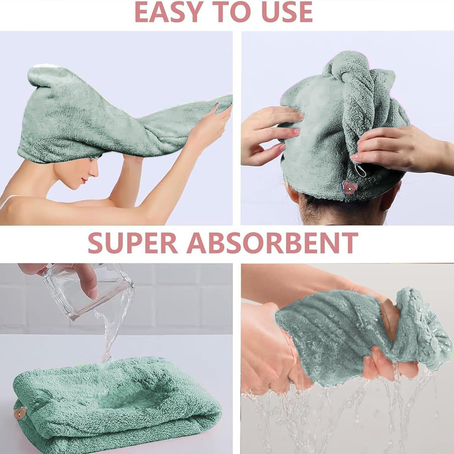 Maxoshine Hair Towel Wrap For Women-Quick Drying Microfiber Towel For Hair With Elastic Loop For Tying-Super Absorbent Head Towels (Pista Green)