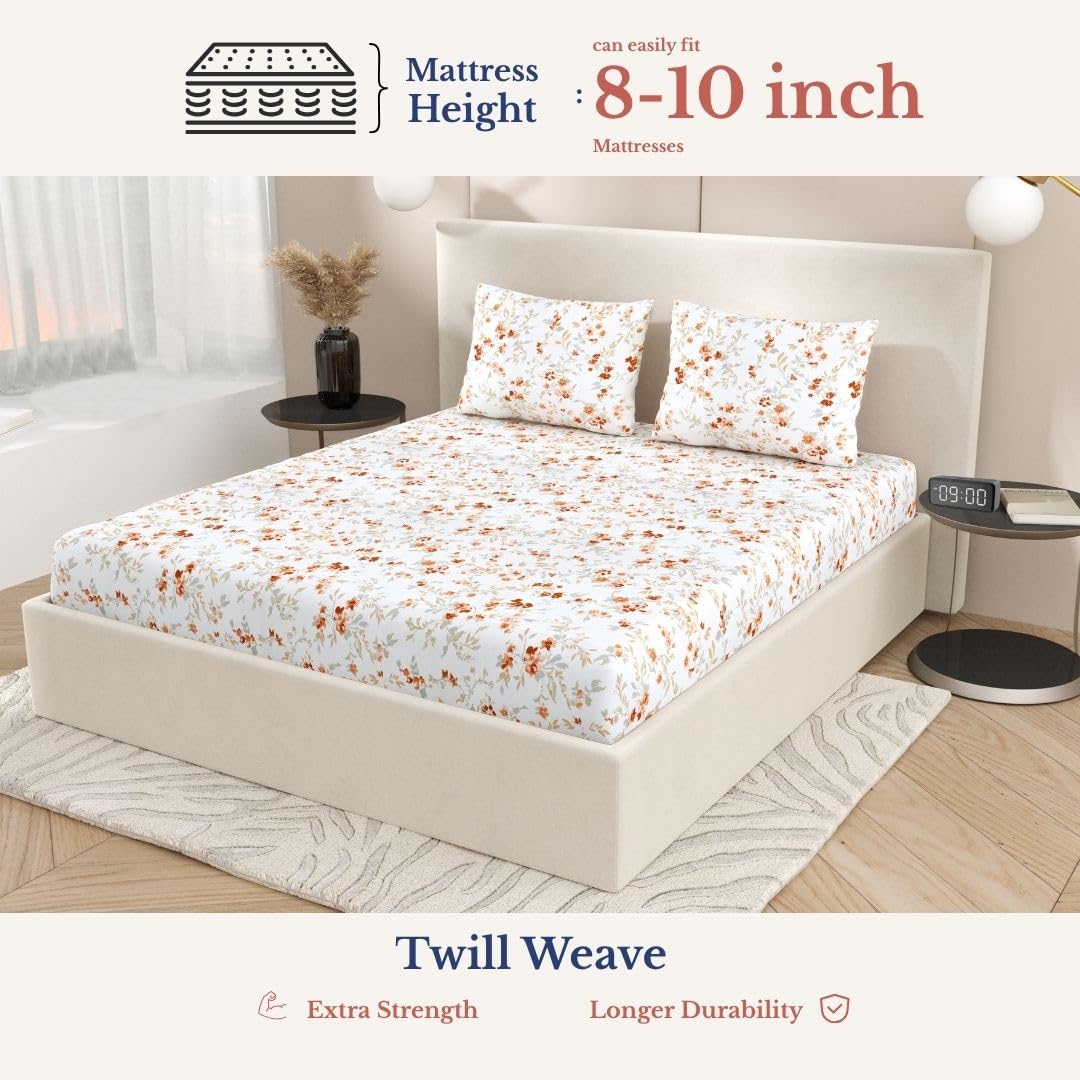 Elastic Fitted Bedsheet Double With 2 Pillow Covers - 72 × 78 X 8 Inches, White & Grey | Durable, Fade Resistant & Easy-Care Pure Cotton