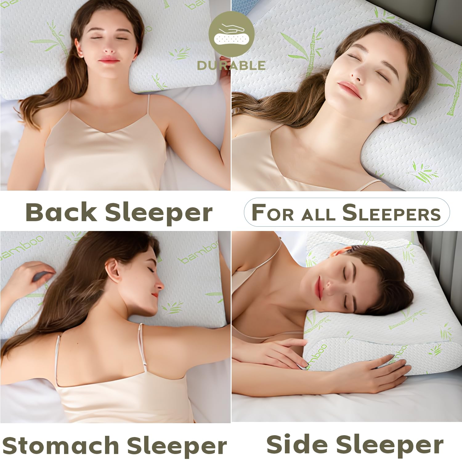 Bamboo Cervical Memory Foam Pillow For Neck & Shoulder Pain Relief, White | Orthopedic Contour Pillow For Sleeping & Spinal Alignment | Ergonomic Support, Removable Cover - Set Of 2