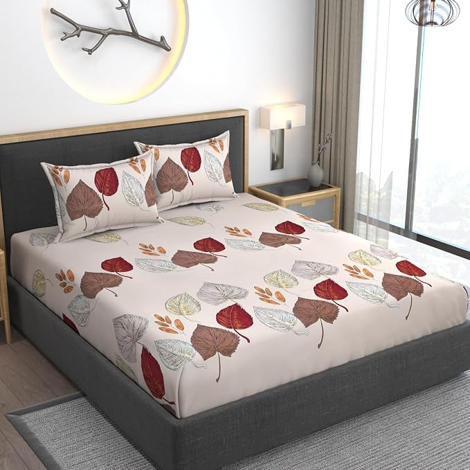 All Around Elastic Floral Fitted Cotton Bedsheets King Size With 2 Pillow Covers - 78 X 72 Inches, Brown | Premium Super Soft Fitted Bedsheet King Size For Double Bed