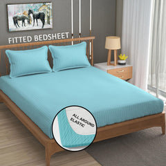 Cotton Elastic Fitted King Size Double Bed Bedsheet With 2 Pillow Covers - 72x78x6 Inches, Aqua Blue | Durable Bedsheets For Everyday Comfort