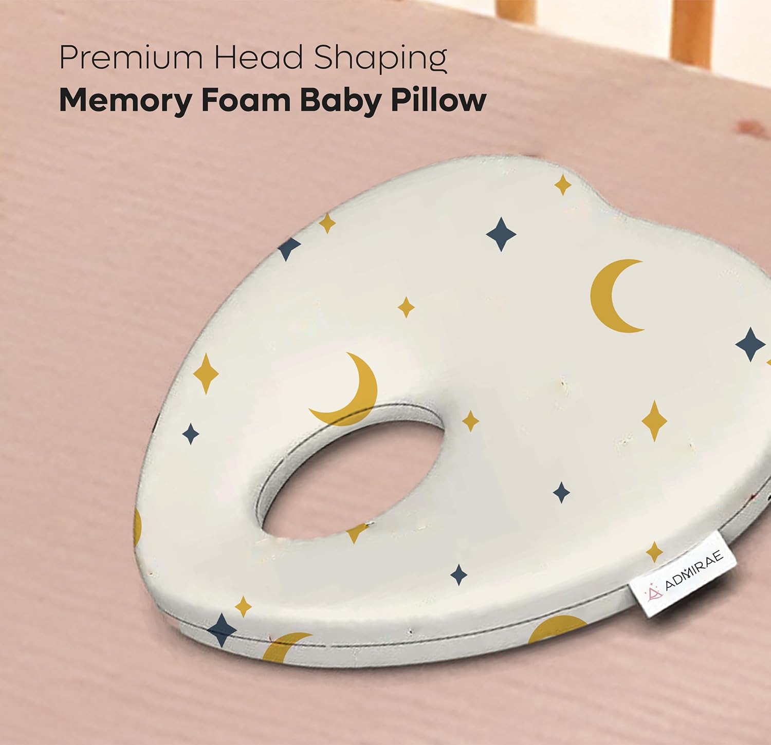 Premium Head Shaping Heart Shape Memory Foam Pillow - Moon & Stars Print - 23 X 23 X 4 Cm | Head Corrector Pillow, Lightweight & Portable, Ultra - Soft & Breathable Fabric Pillow