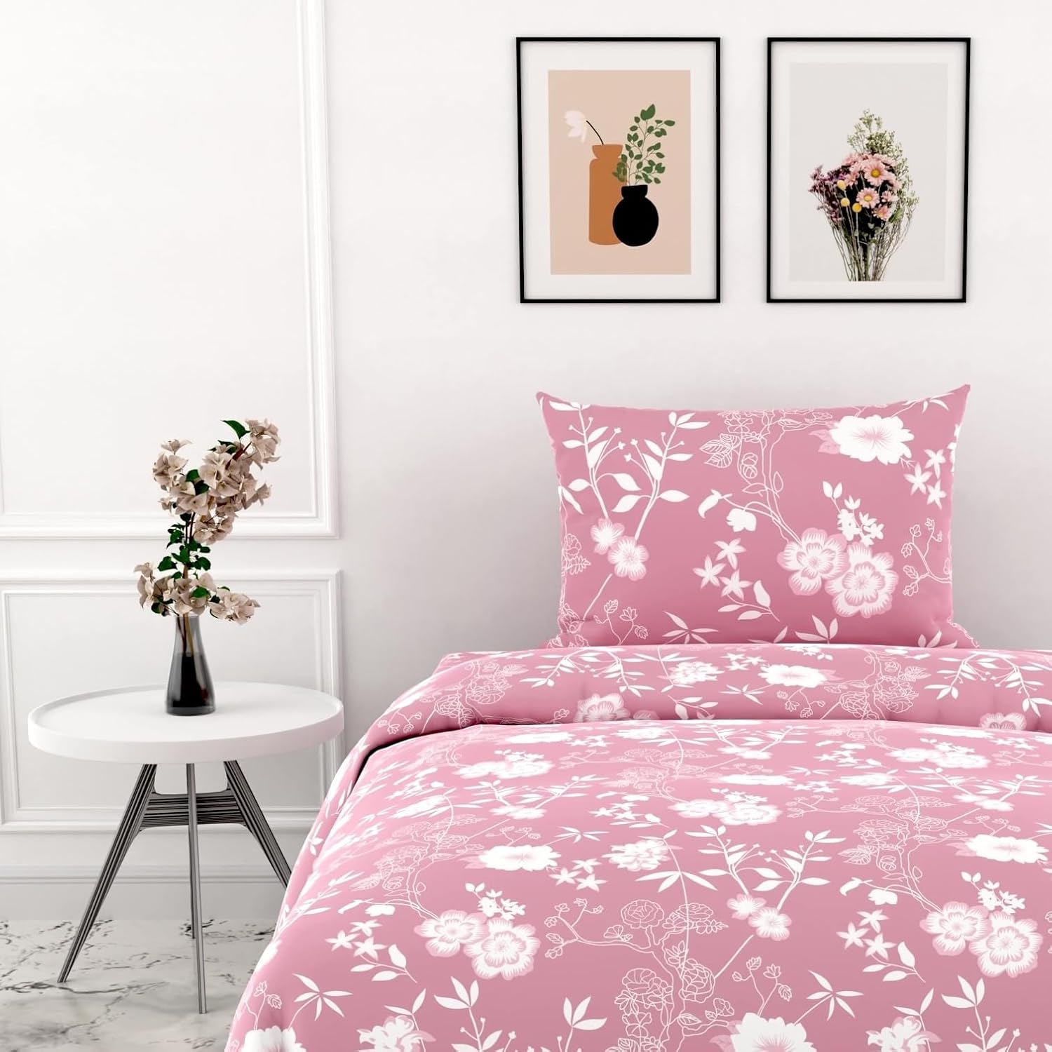 Cotton Bedsheet For Single Bed With 1 Pillow Cover - 54 X 84 Inches, Blush Pink | Soft Touch Cotton Fabric-Comfortable & Durable | Elegant Printed Bedding Set For Daily Use