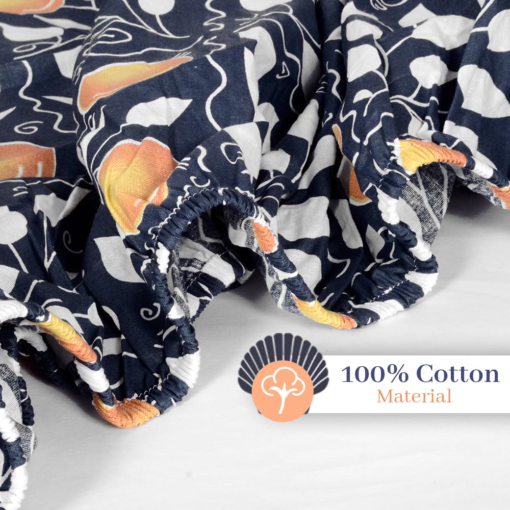 Printed King Size Double Bedsheet With 2 Pillow Cover For Bedroom | 72 X 78 + 9 Inches, Blue & White - All Around Elastic Fitted | Ideal For Everyday Use