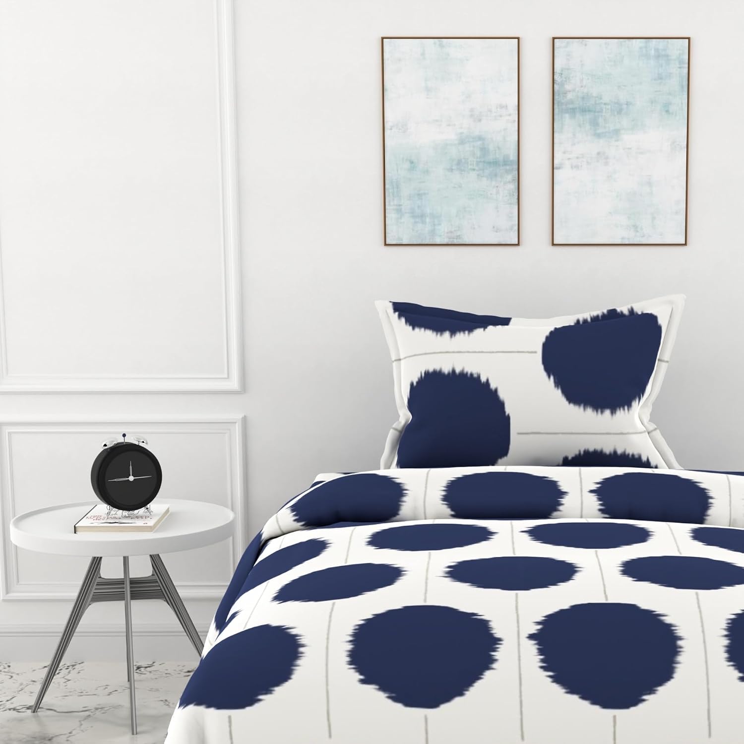 Cotton Elastic Fitted Bedsheet Single Bed With 1 Pillow Cover - 36 X 78 Inches, Blue & White | Perfect For Everyday Use | Ultra-Soft & Breathable