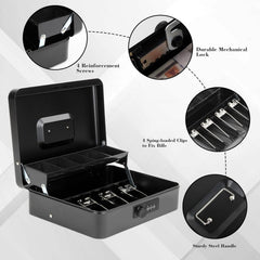 Cash Box With Combination Lock, Metal Cash Box With Money Tray, Cash Register,5 Compartments Cantilever Tray & 4 Spring - Clips For Bills,11.81"X 9.45"X 3.54" Colour - Black