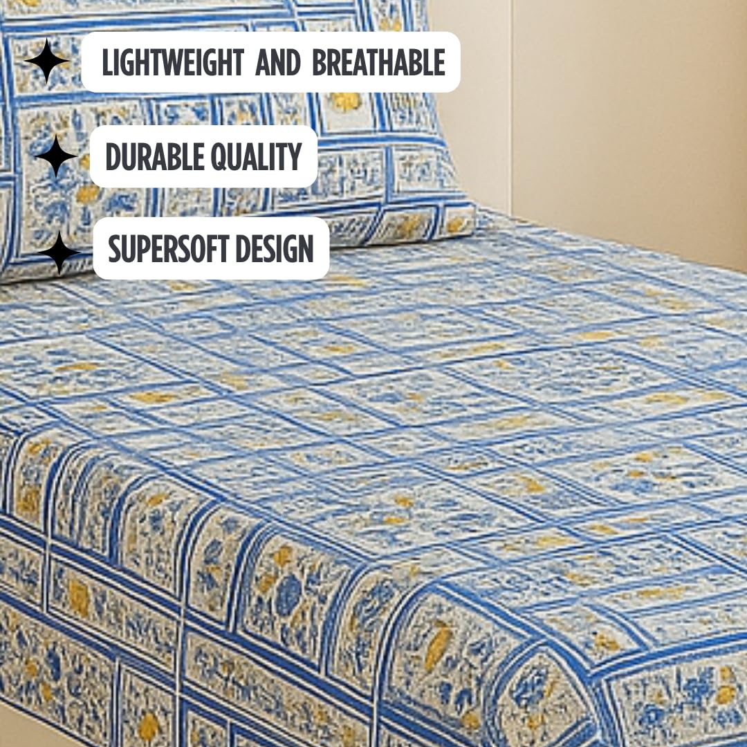 Bedsheet For Single Bed with 1 Pillow Cover - Size 90 X 60 Inches, Blue | Soft Touch Cotton Fabric-Comfortable & Durable | Elegant Printed Bedding Set For Daily Use