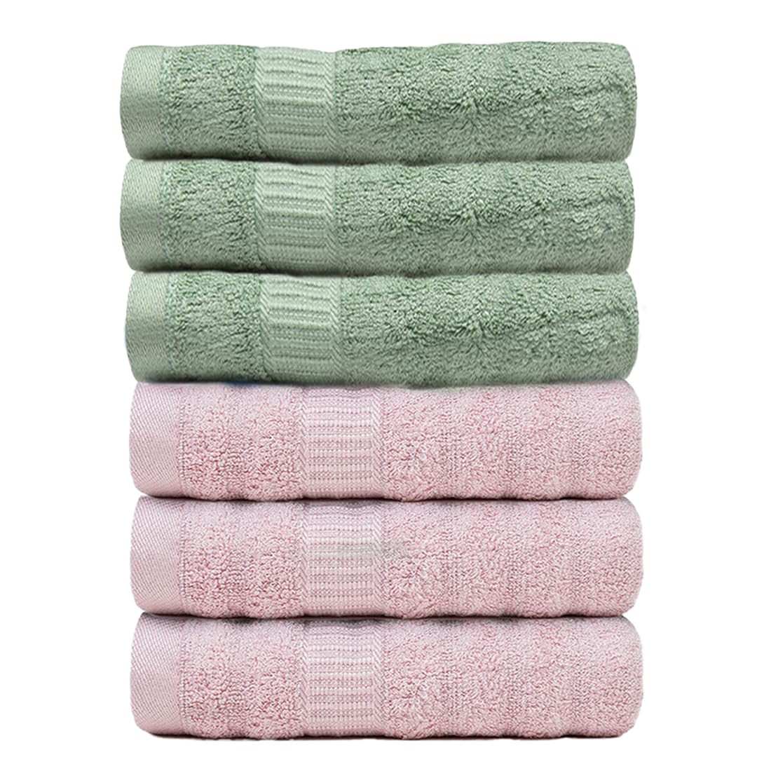 Mush Bamboo Hand Towels 600 Gsm | Ultra Soft, Absorbent & Quick Dry Towel Gym, Pool, Travel, Sports, Yoga Towel For Men & Women - Pack Of 6 (Olive Green & Pink)
