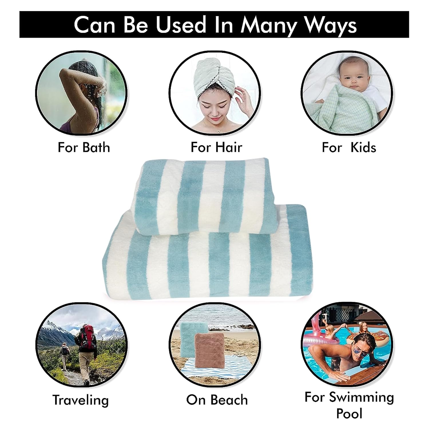 Homecloud Ultra Soft Cotton Velvet Bath Towel Set 300 Gsm | Which Includes Bath Towel With Hand/Face Towel For Women & Children (Strip T Green)