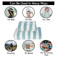 Homecloud Ultra Soft Cotton Velvet Bath Towel Set 300 Gsm | Which Includes Bath Towel With Hand/Face Towel For Women & Children (Strip T Green)