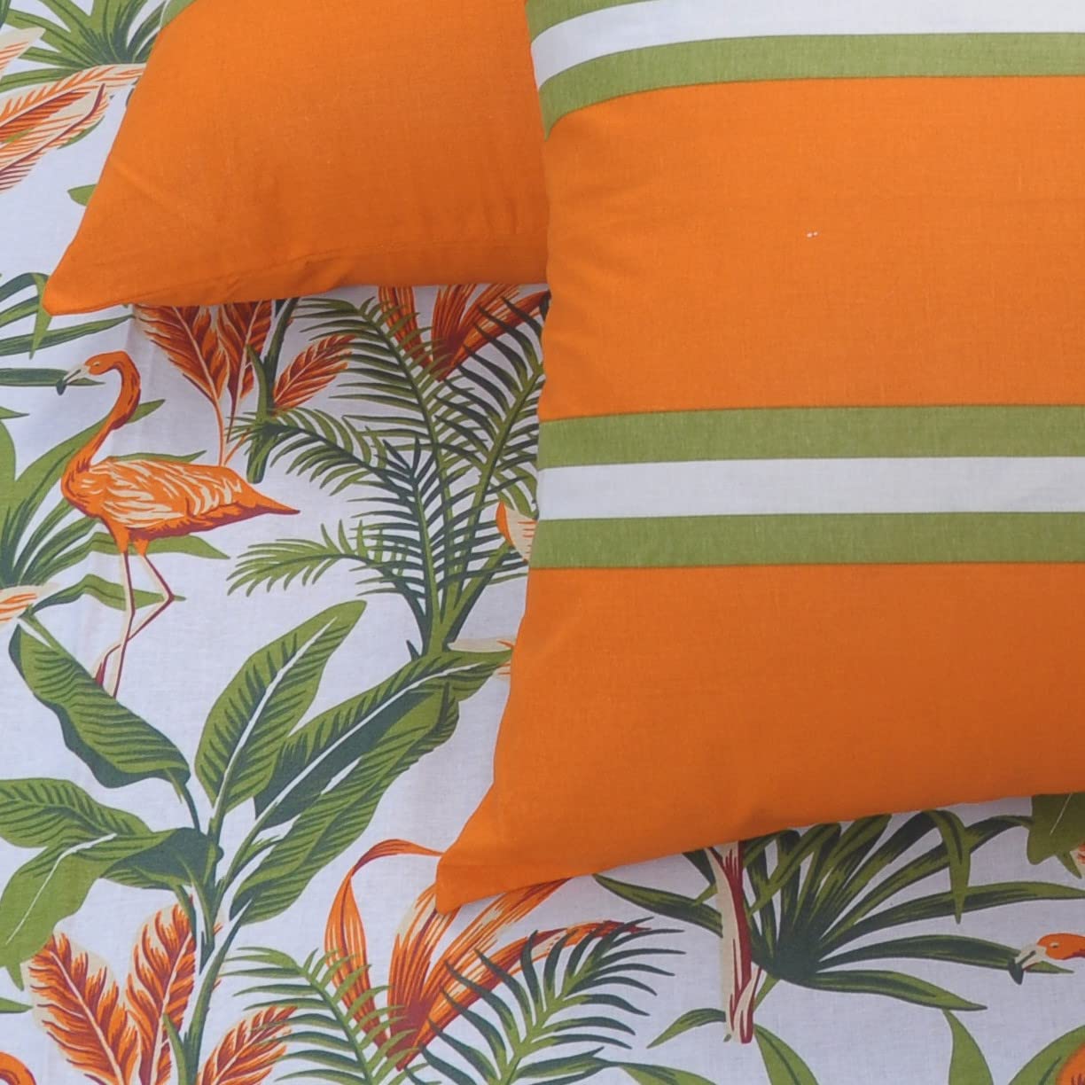 Bedsheets For King Size Bed With 2 Pillow Covers - 108 X 108 Inches | Flamingos & Stripes Orange & Green | Perfect For Home Decor & Gifts | 144 Thread Count