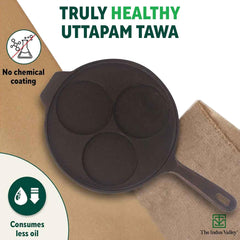 Pre-Seasoned Black Cast Iron Uttapam Tawa - 3 Pit, 23cm, 9 Inch, 1.6 Kg | Induction Friendly, Naturally Nonstick, 100% Pure & Toxin-Free, No Chemical Coating