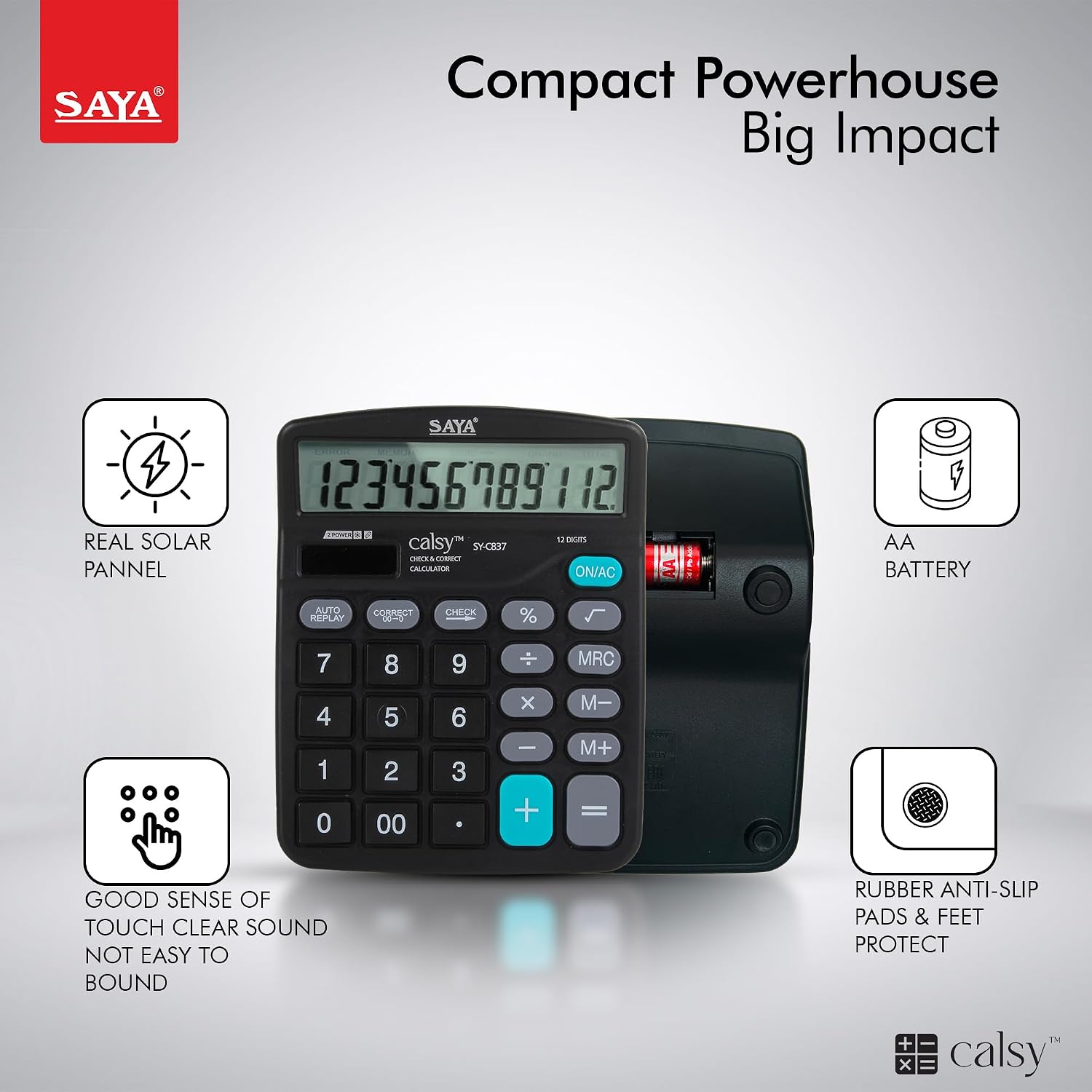 Saya Standard Desktop Calculator | 112 Steps Check | M+, M-, MRC Functions | Dual Power: Solar & Battery | Large Button Layout | Auto Power Off | Ideal For Office, School & Business