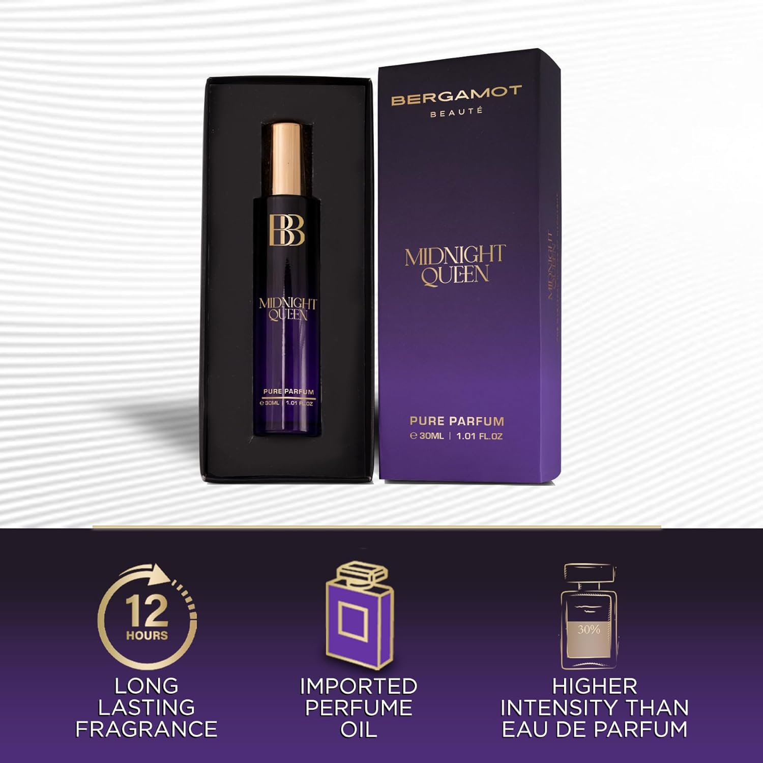 Bergamot Beaute Midnight Queen Pure Parfum 30ml 1.0 Fl.oz. | 12+ Hrs Long Lasting Perfume For Women | Higher Concentration Than EDP