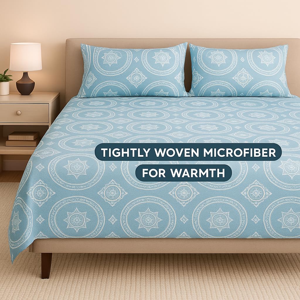 Microfiber Printed King Size Bedsheet With 2 Pillow Cover - 90 X 100 Inches, Sky Blue | Hotel Luxury Bedding Wrinkle Free | Ultra Durable & Easy Care