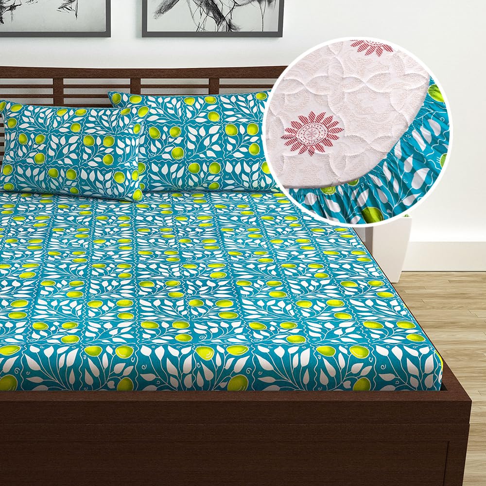 Double Bedsheet For Queen Size With 2 Pillow Covers - 60 X 78 Inches, Sea Green & White | All Around Elastic Fitted Soft, Lightweight & Breathable Cotton Bedsheet