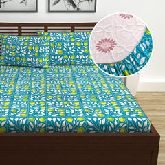 Double Bedsheet For Queen Size With 2 Pillow Covers - 60 X 78 Inches, Sea Green & White | All Around Elastic Fitted Soft, Lightweight & Breathable Cotton Bedsheet