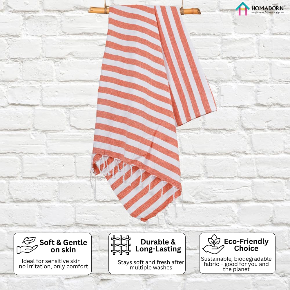 Homadorn 100% Cotton Striped Fouta Bath Towels 700 Gsm | Soft Quick Dry & Absorbent Hand-Knotted Tassels | Turkish Hamam Towel (Orange - White)- Pack Of 2
