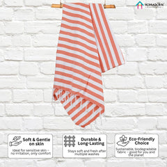Homadorn 100% Cotton Striped Fouta Bath Towels 700 Gsm | Soft Quick Dry & Absorbent Hand-Knotted Tassels | Turkish Hamam Towel (Orange - White)- Pack Of 2