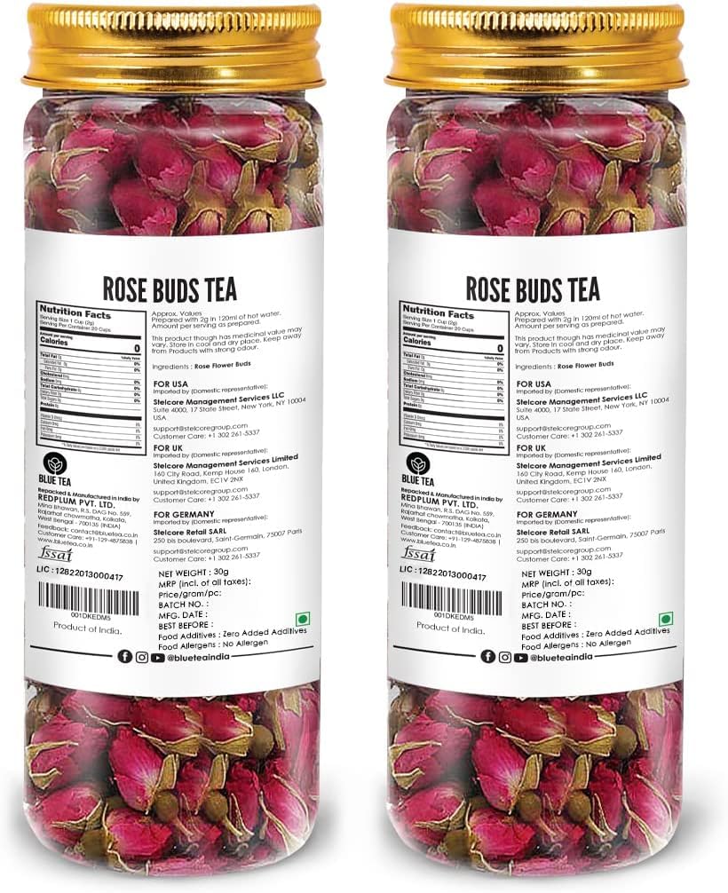 Blue Tea Caffeine Free Rose Buds Flower Herbal Tea - Pack Of 2 X 30gm Pet Jar, 1.05 Ounce Each, 60 Cups | Non-GMO, Flower Based Detox Tea - Gluten Free | Beautiful Hair & Skin