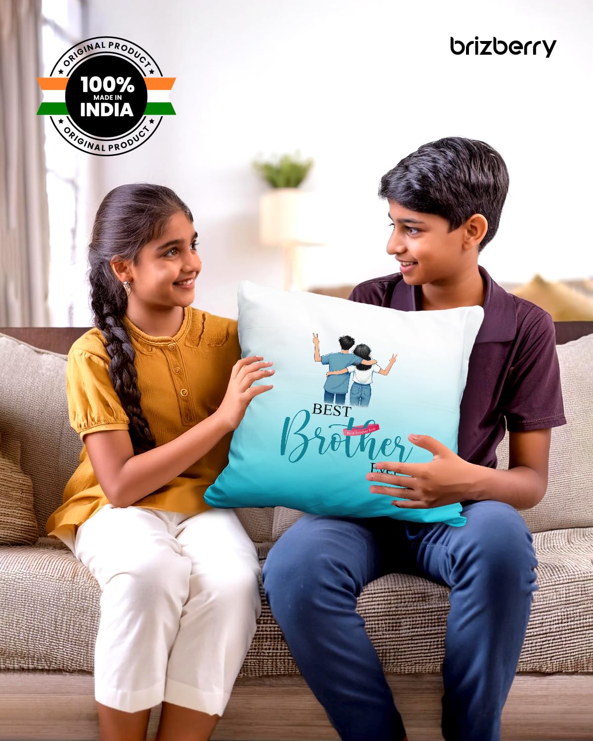 Premium Pillow Cushion For Best Brother, Sky-Blue & White - 16 Inch | Unique Thoughtful Cute Birthday Pillow Gift For Brother | Raksha Bandhan, Bhaidooj | With Filler Cushion - Design 22