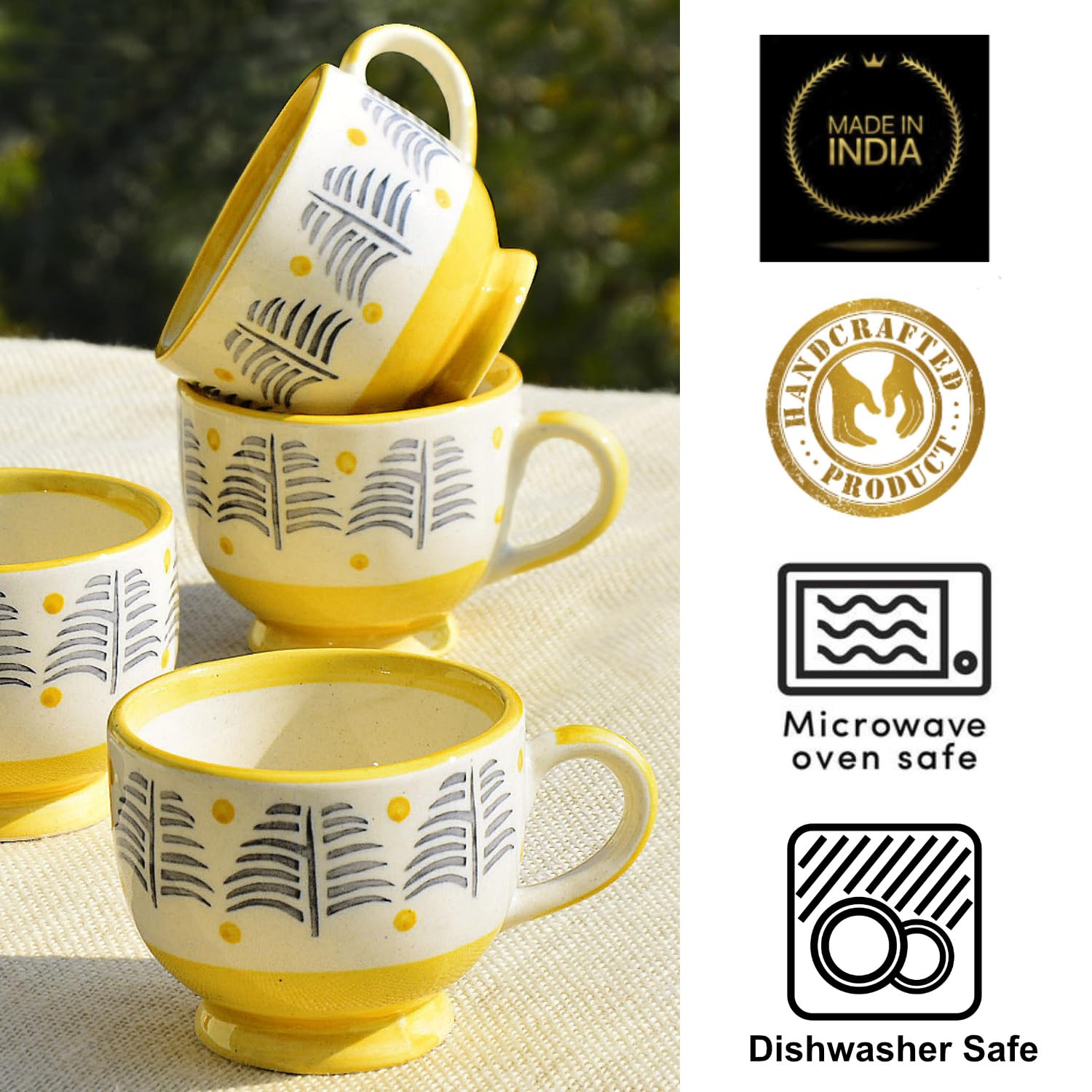 Hand Painted Ceramic Cup Set Of 6 - Yellow & Black, 150ml Each | Microwave Safe Tea Cups & Mugs - Chai Cups