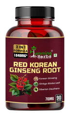 Humming Herbs Red Korean Ginseng With Ginkgo Biloba Leaf, Siberian Ginseng, Supports Energy, Concentration, Immune System & Improves Mental Clarity Bio Available | 90 Capsules 100gm 0.2lbs