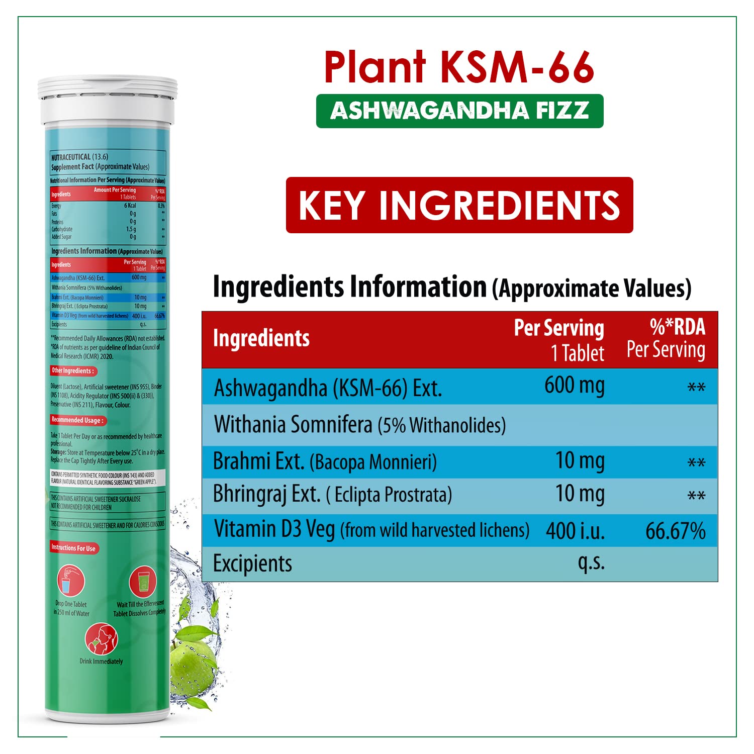 Naturyz Highest Strength 100% Plant Extracted Ksm - 66 Ashwagandha 600mg, Vitamin D3, Muscle Recovery, Energy, Relieve Stress | 15 Effervescent Tablets Green Apple 50gm 0.1lbs