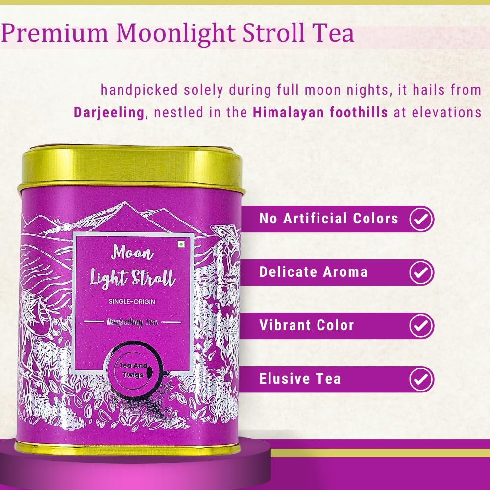 Tea And Twigs Moonlight Stroll Darjeeling Green Tea - 50gm, 1.7 Ounce | Rich In Antioxidants, Vibrant Color - Low Caffeine, No Artificial Colors