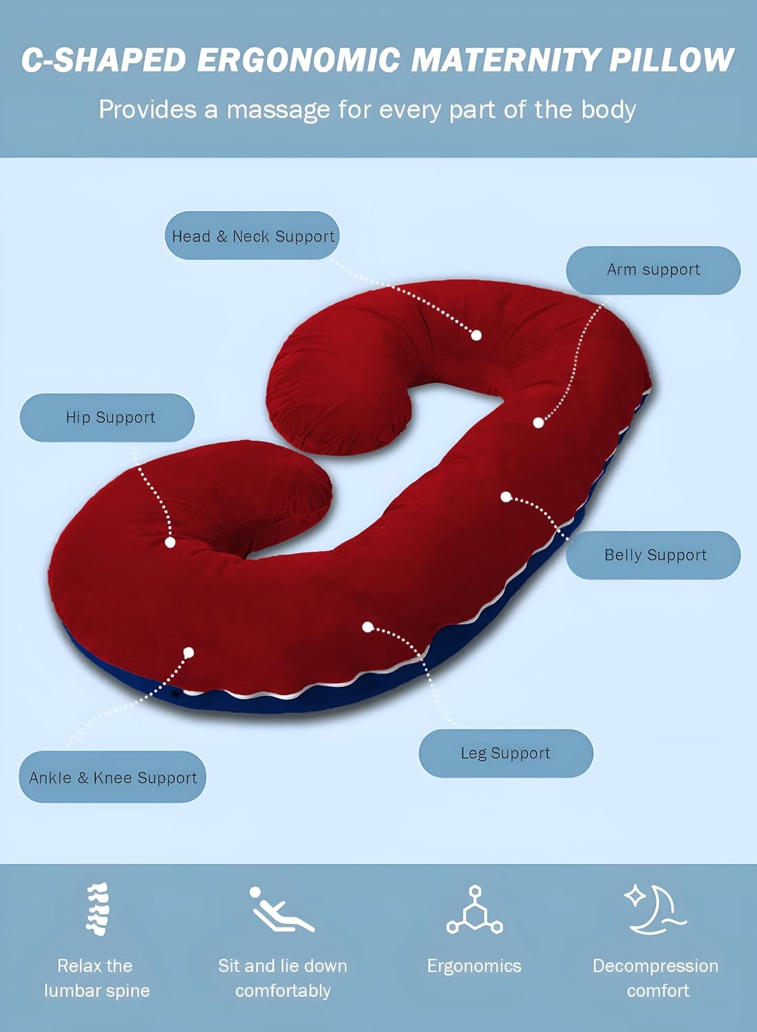 C Shaped Pillow, Pregnancy Pillow For Maternity & Baby Nursing - Dark Blue & Maroon | Pregnant Women Stomach, Spine, Neck Support, Velvet Outer Cover With Zip, Adjustable, Full Body Pillow