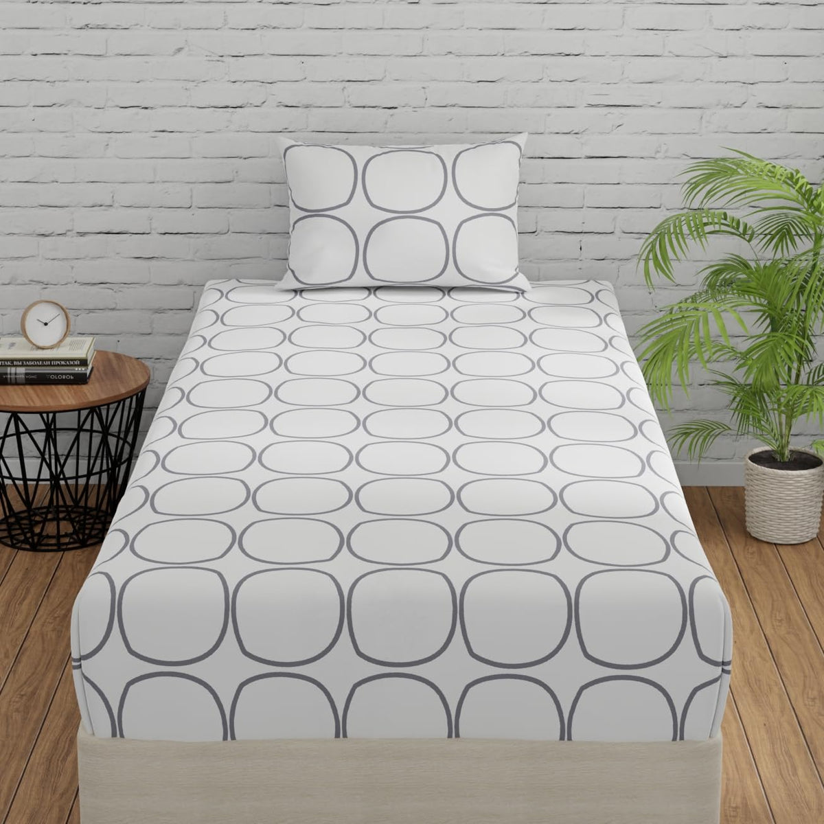 Single Bed Sheet Size - 55 X 88 Inches With 1 Pillow Covers, White (Grey Circles) | Wash Dark Colors Separately | Lightweight, Soft, & Comfortable Bedsheet