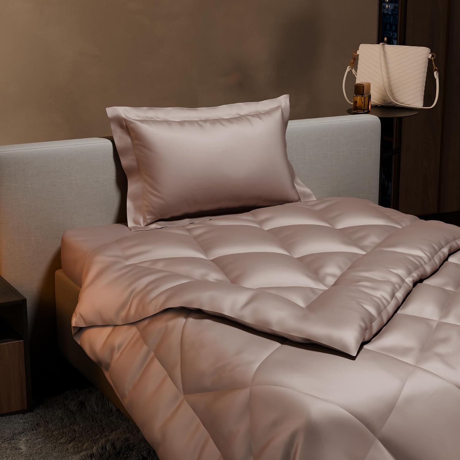 Single Bedsheet + Comforter With 1 Pillow Covers - 60 X 90 Inches, Champagne | Ideal For Gift Special Occasions | Perfect Romantic Bedsheet For Couples