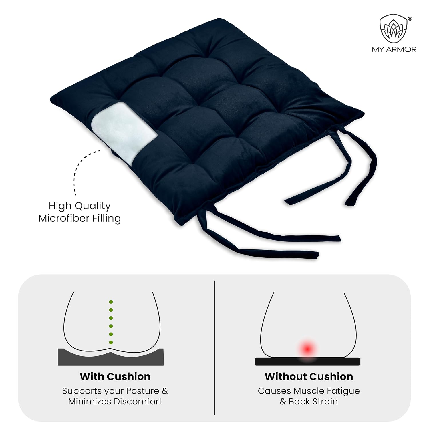 Square Chair Pads Cushion, For Comfortable Sitting, Navy Blue - 40 X 40 Cm | Seat Cushions With Ties For Sitting, Pooja, Dining & Office Table | Furniture Cushion, Washable - Pack Of 1