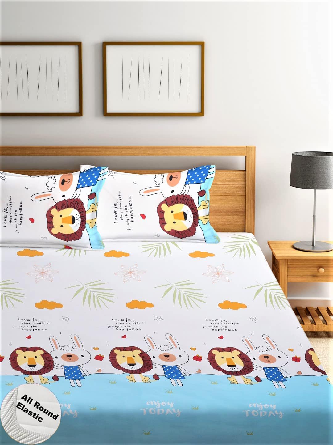 Cartoon Printed Double Bedsheet For Kids With 2 Pillow Cover - 72 X 78 X 10 Inches, White & Sky Blue | Cotton Feel All Around Elastic Fitted King Size Double Bed