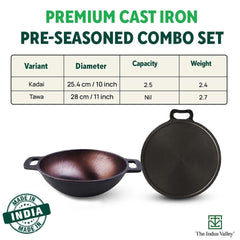 Super Smooth Cast Iron Cookware Set + Free Iron Tadka Pan | Kadai 25cm, 2.5 Liters + Tawa 30cm - Pack Of 3 | Naturally Nonstick, Pre-Seasoned, 100% Pure & Toxin-Free, No Chemical Coating