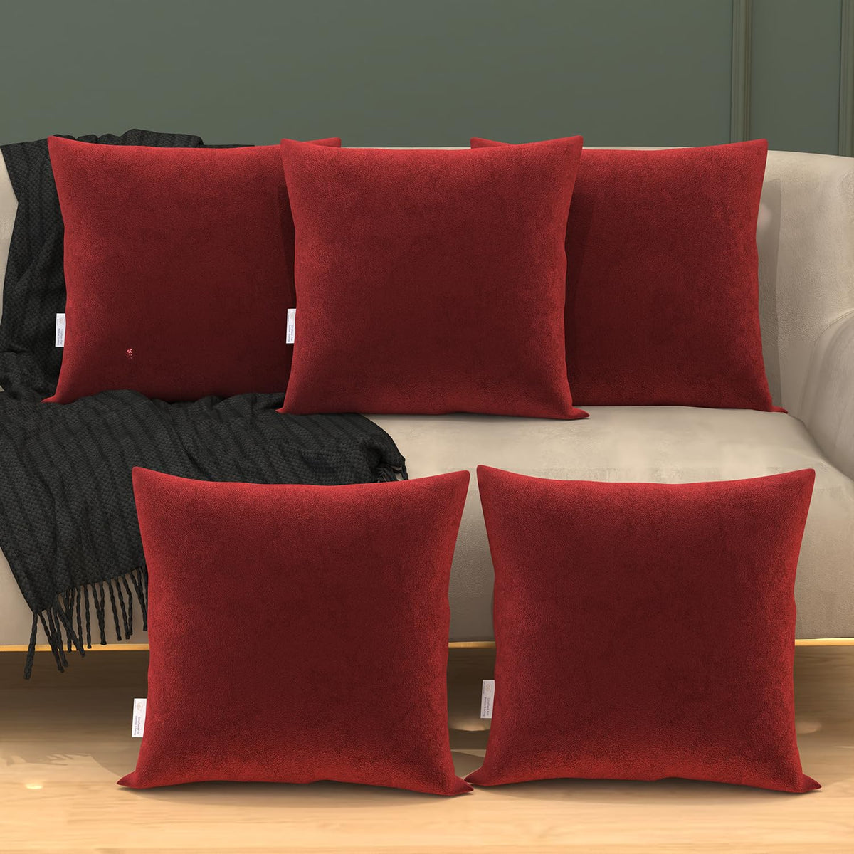 Microfiber Square Soft Pillow Cushion For Sofa & Bed, Maroon - 18 X 18 Inch | Fluffy Pillow For Comfort & Back Support | Breathable, Washable | Premium Velvet Cover With Zip - Pack Of 5
