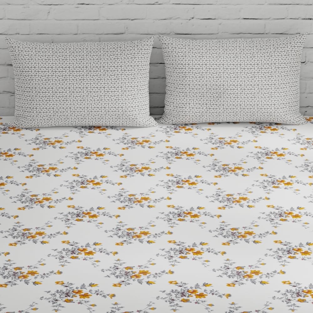 Cotton Elastic Fitted Bedsheet For King Size With 2 Pillow Covers - 72 X 78 Inches, Tangerine & Grey | Ideal For Guest Room, Hotel Quality | 3 Piece Bed Sheet