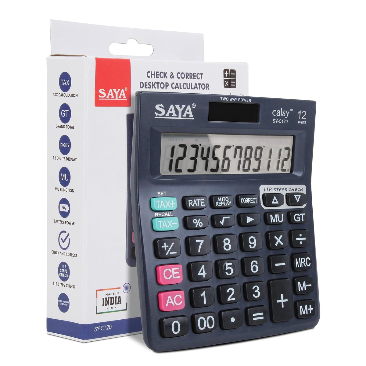Saya SY-C120 12 Digits Display, Check And Correct Classic Desktop Calculator | Ergonomic Design - Ideal For Office Supplies | School Supplies | 3 Year Warranty