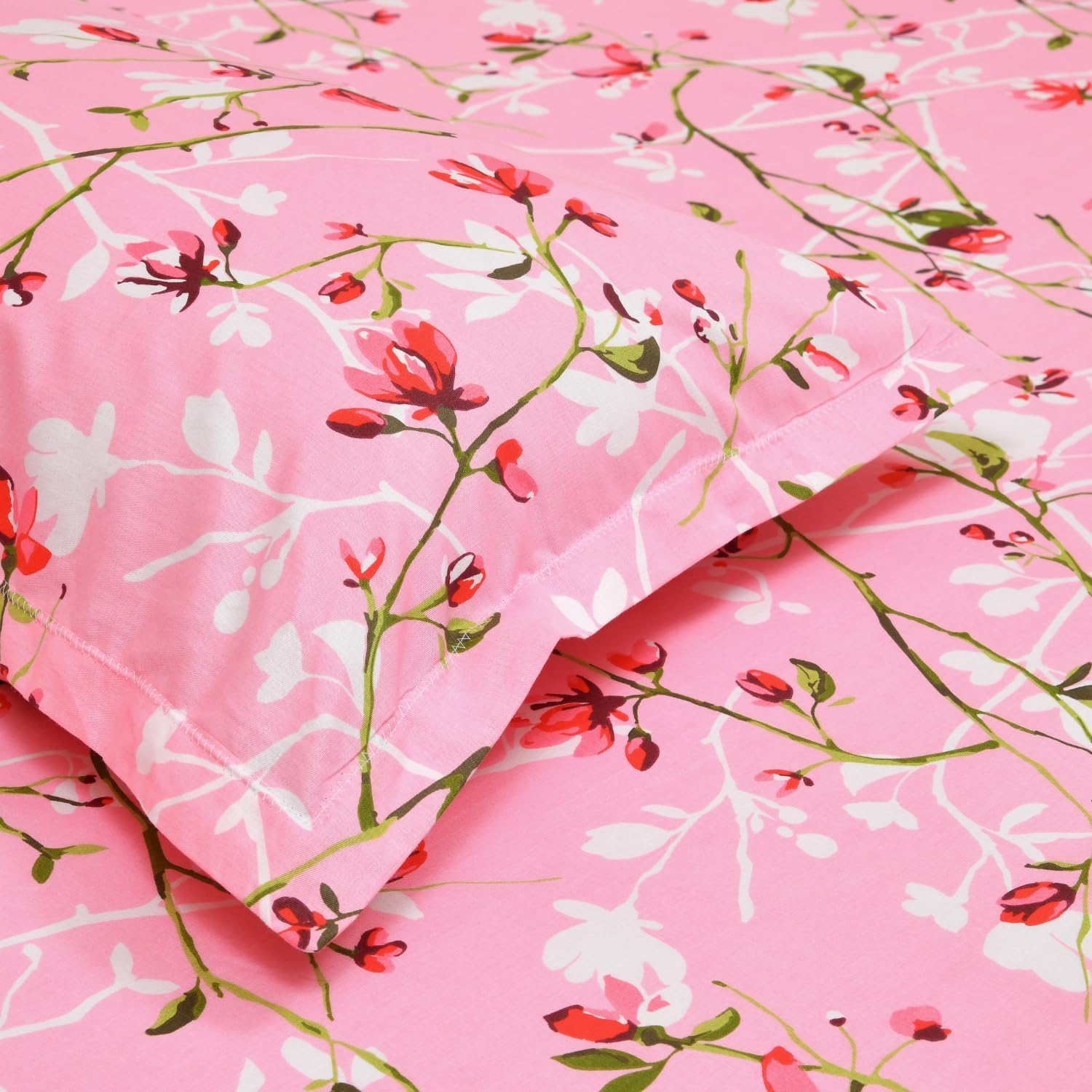 Queen Size Bed For Elastic Fitted Bedsheet With 2 Pillow Covers | 50 X 78 X 10 Inches, Pink & Red | Softness, Durability & Comfort | Perfect For Everyday Use