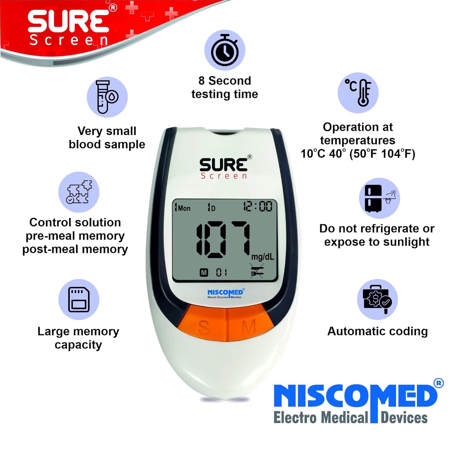 Niscomed Sure Screen Blood Sugar Checking Glucose Monitoring System With 125 Strips Glucometer (White)